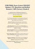 COB FINAL Exam &lpar;Latest 2026&sol;2027 Update&rpar; 175&plus; Questions and Verified Answers &vert; 100&percnt; Correct &vert; Grade A&NewLine;&NewLine;This COB Final Exam &lpar;178 Questions & Answers&rpar; is a comprehensive study resource used for introductory business and information technology courses&comma; &NewLine;