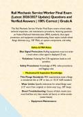 Rail Mechanic Service Worker Final Exam &lpar;Latest 2026&sol;2027 Update&rpar; Questions and Verified Answers &vert; 100&percnt; Correct &vert; Grade A&NewLine;&NewLine;This Rail Mechanic Service Worker Final Exam covers critical safety&comma; technical inspection&comma; and maintenance procedures&comma; featuring q