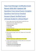 Texas Food Manager Certification Exam &NewLine;Newest 2026 2027 Updated 100 &NewLine;Questions From Actual Exams Complete &NewLine;Questions And Correct Detailed &NewLine;Answers &lpar;Expert Verified Exam&rpar; &NewLine;&vert;Already Graded A&plus;&vert;&vert;Brand New&excl;&excl; 