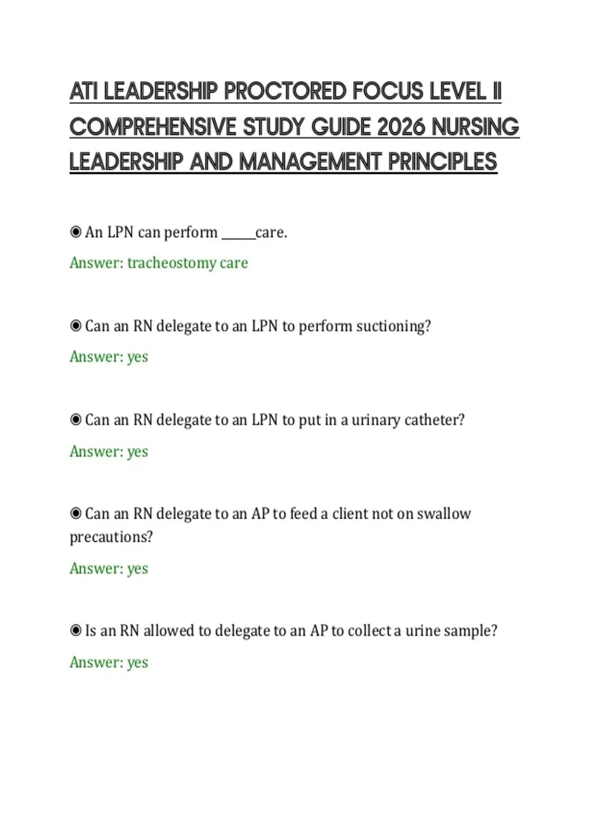 ATI LEADERSHIP PROCTORED FOCUS LEVEL II COMPREHENSIVE STUDY GUIDE 2026 ...