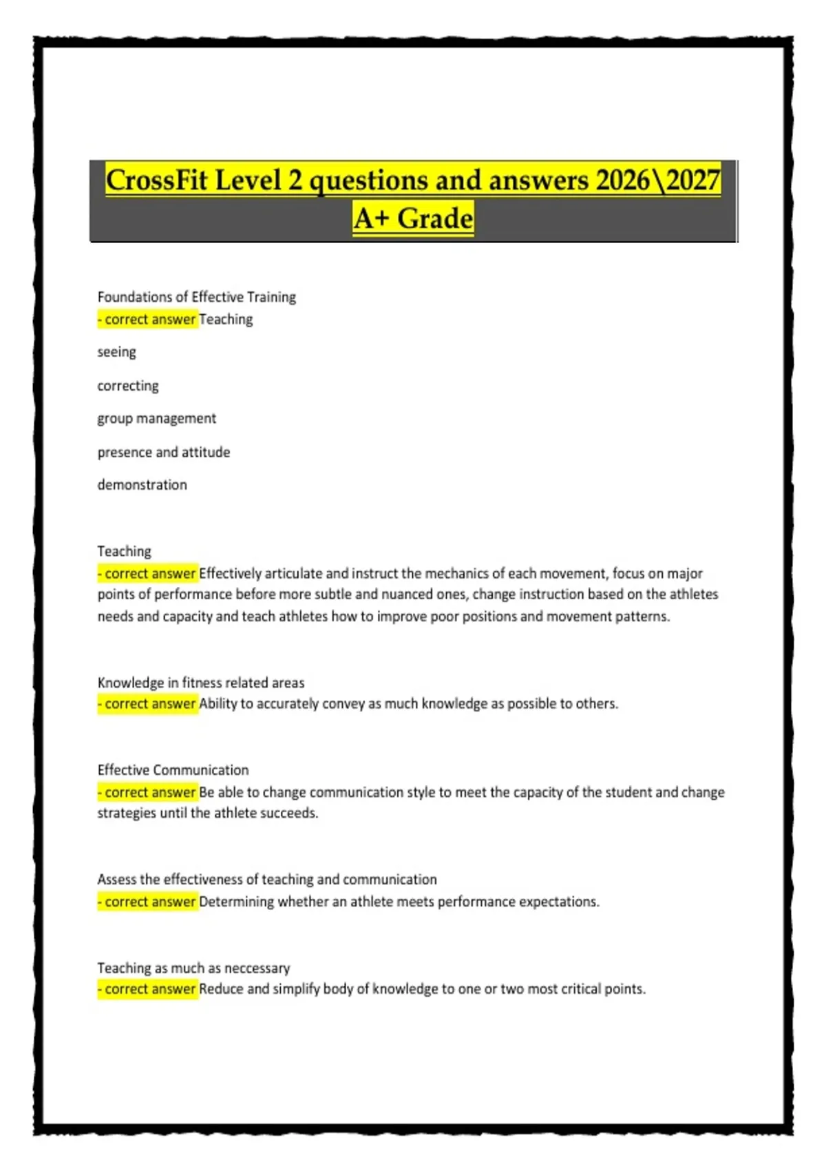 CrossFit Level 2 Certificate Course 2026/2027 A+ Grade Complete Questions and Answers - CrossFit ...