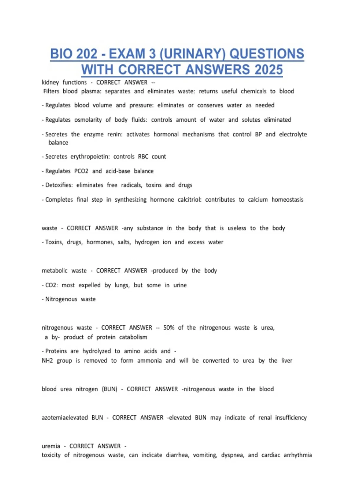 BIO 202 Exam 3 (Urinary System) Questions with Correct Answers 2026 ...