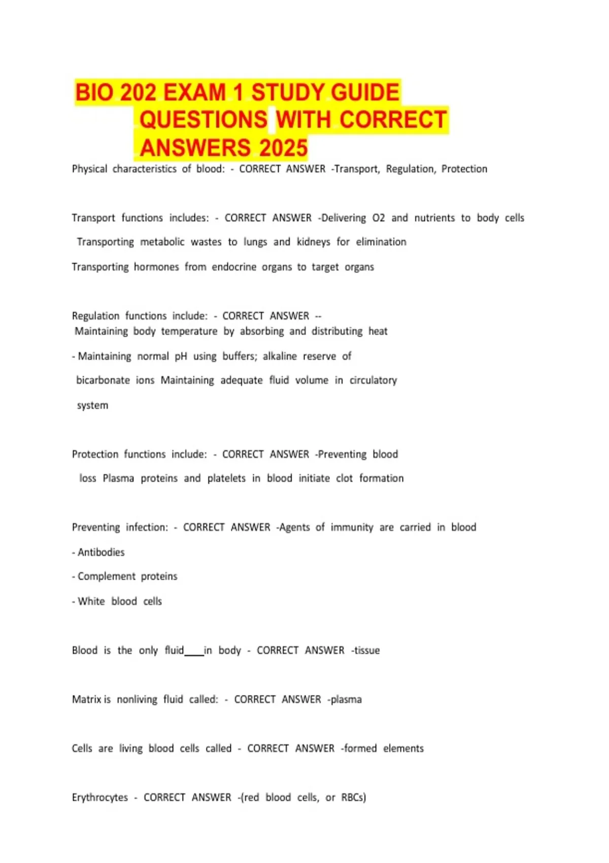 BIO 202 Exam 1 Study Guide Questions with Correct Answers 2026 | Human ...