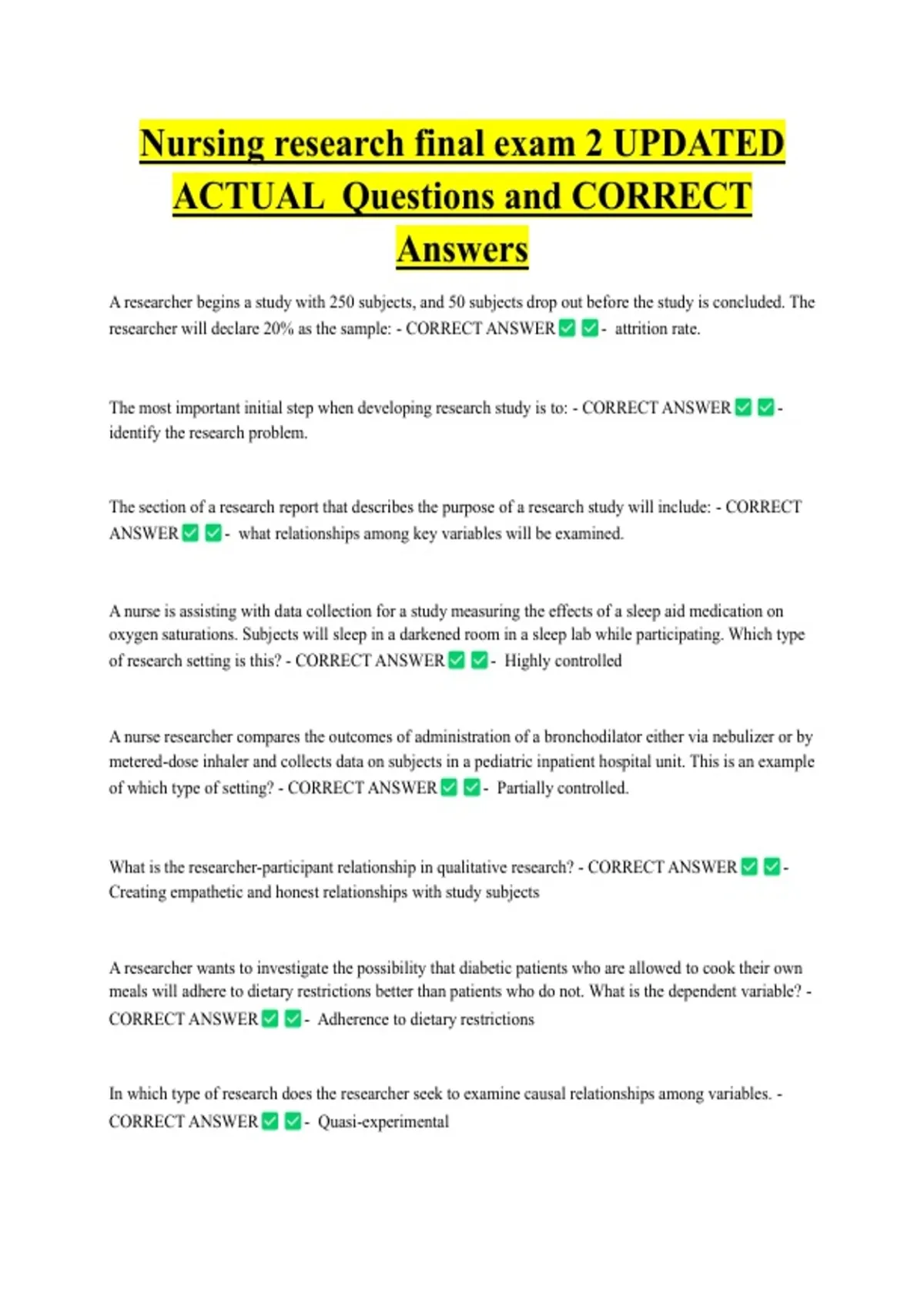 Nursing research final exam 2 UPDATED ACTUAL Questions and CORRECT ...