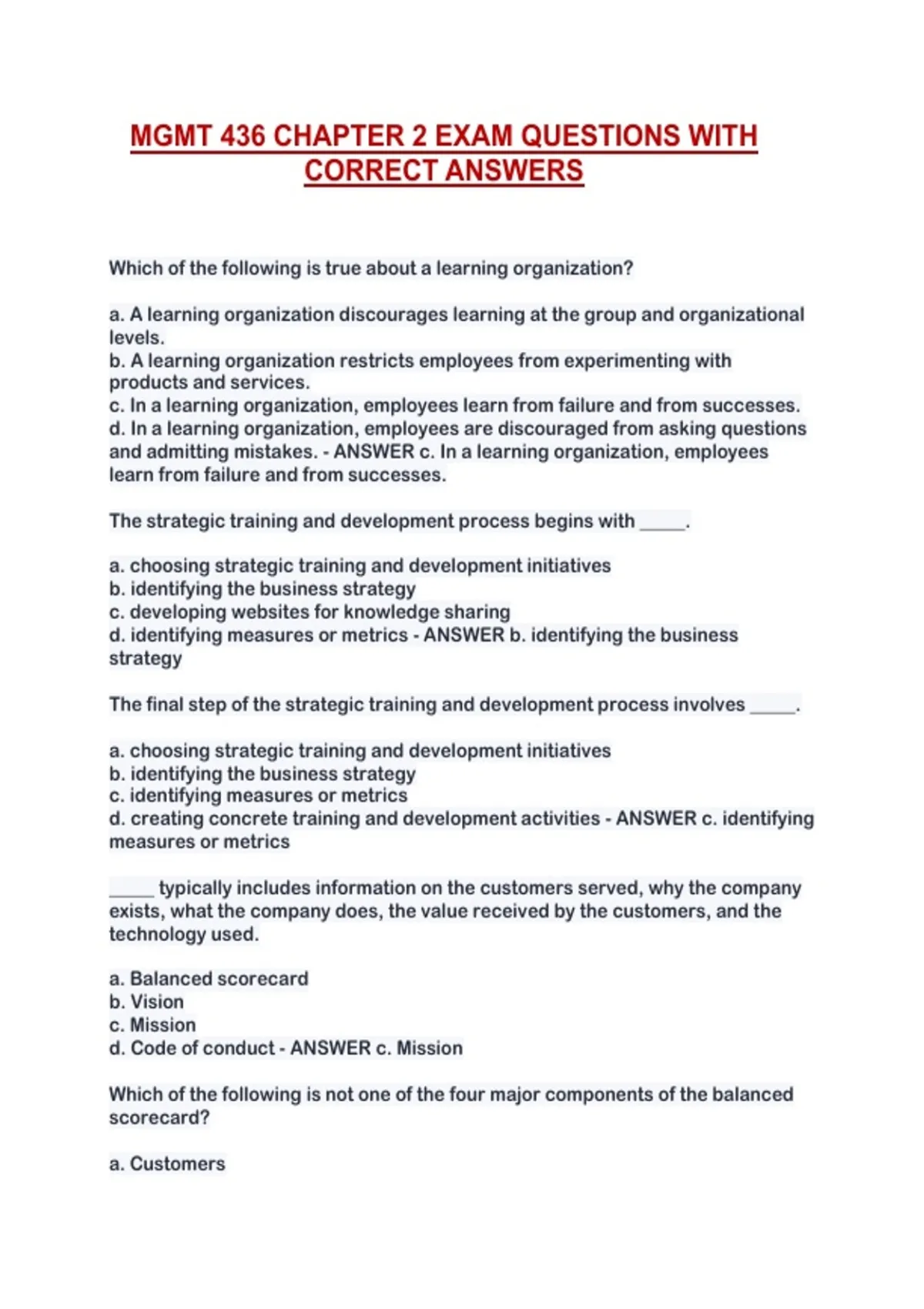 MGMT 436 CHAPTER 2 EXAM QUESTIONS WITH CORRECT ANSWERS - MGMT 436 ...