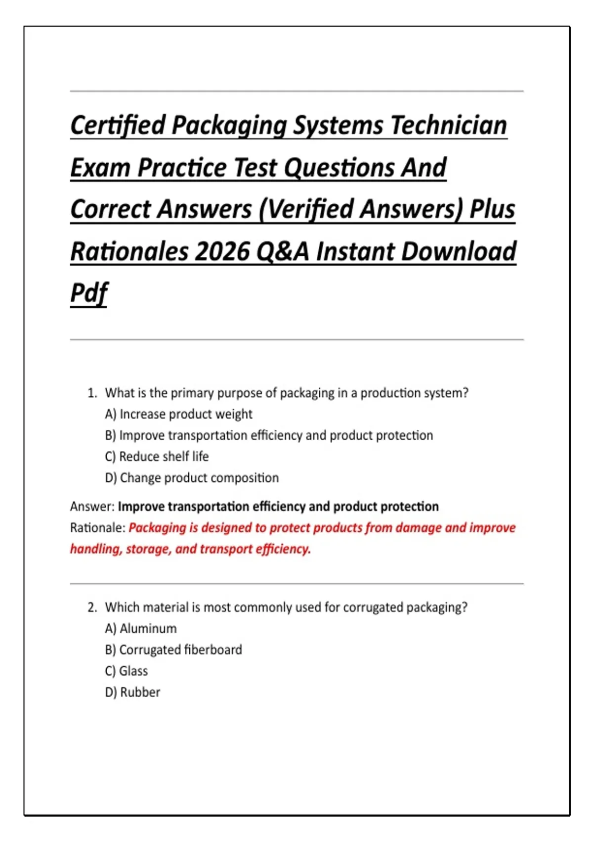 Certified Packaging Systems Technician Exam Practice Test Questions And ...