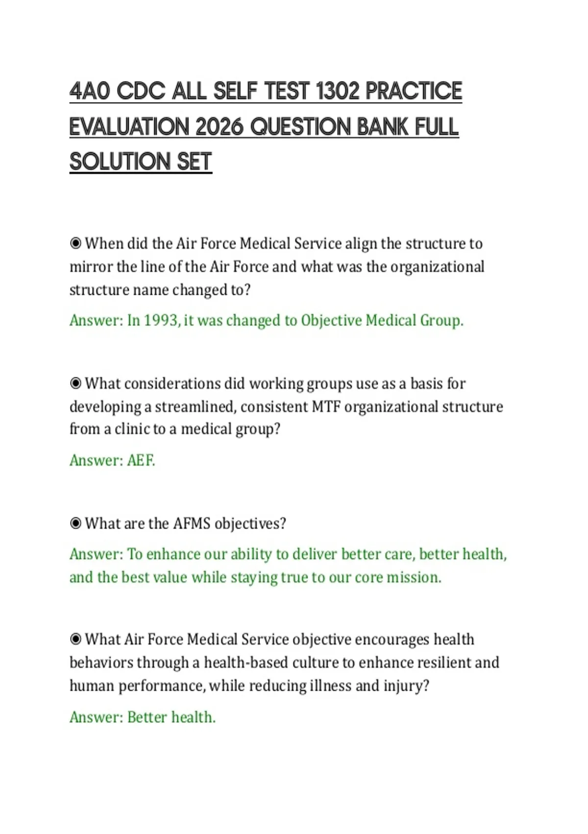4A0 CDC ALL SELF TEST 1302 PRACTICE EVALUATION 2026 QUESTION BANK FULL ...
