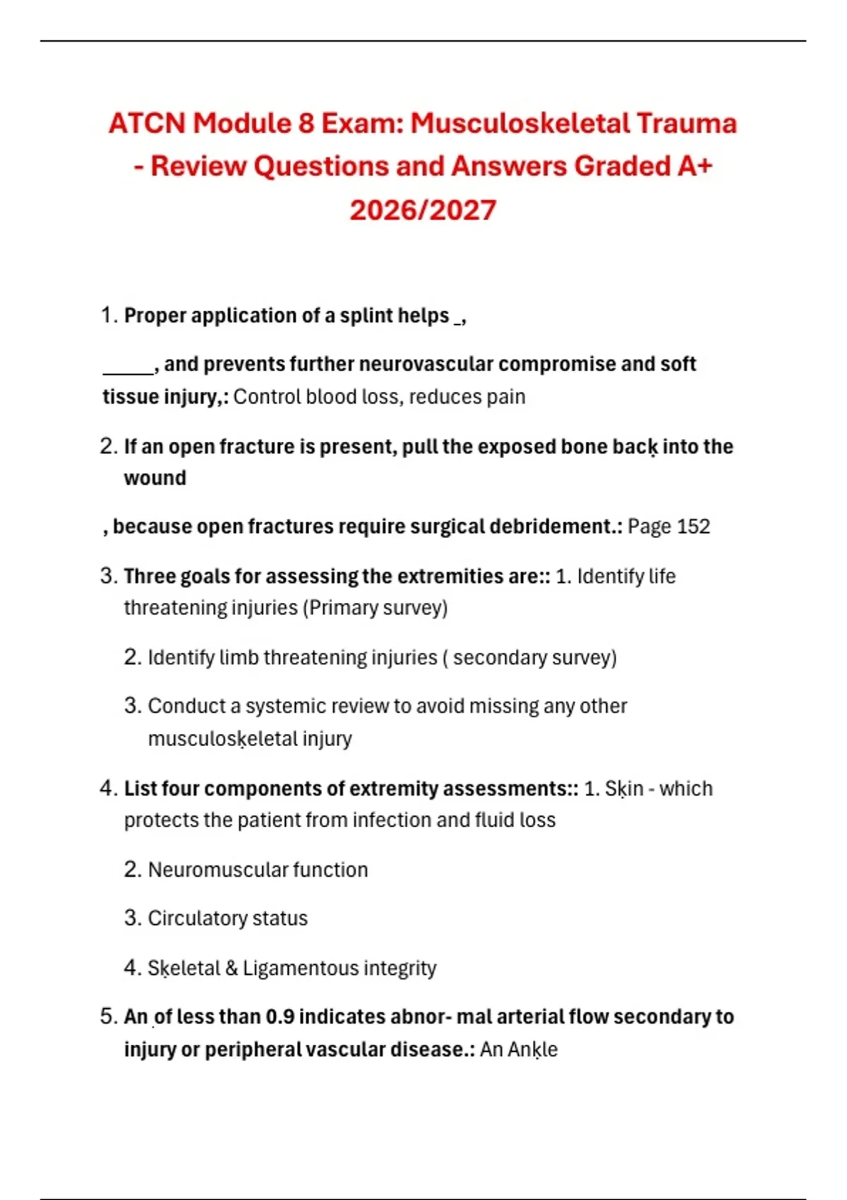 ATCN Module 8 Exam: Musculoskeletal Trauma - Review Questions and ...