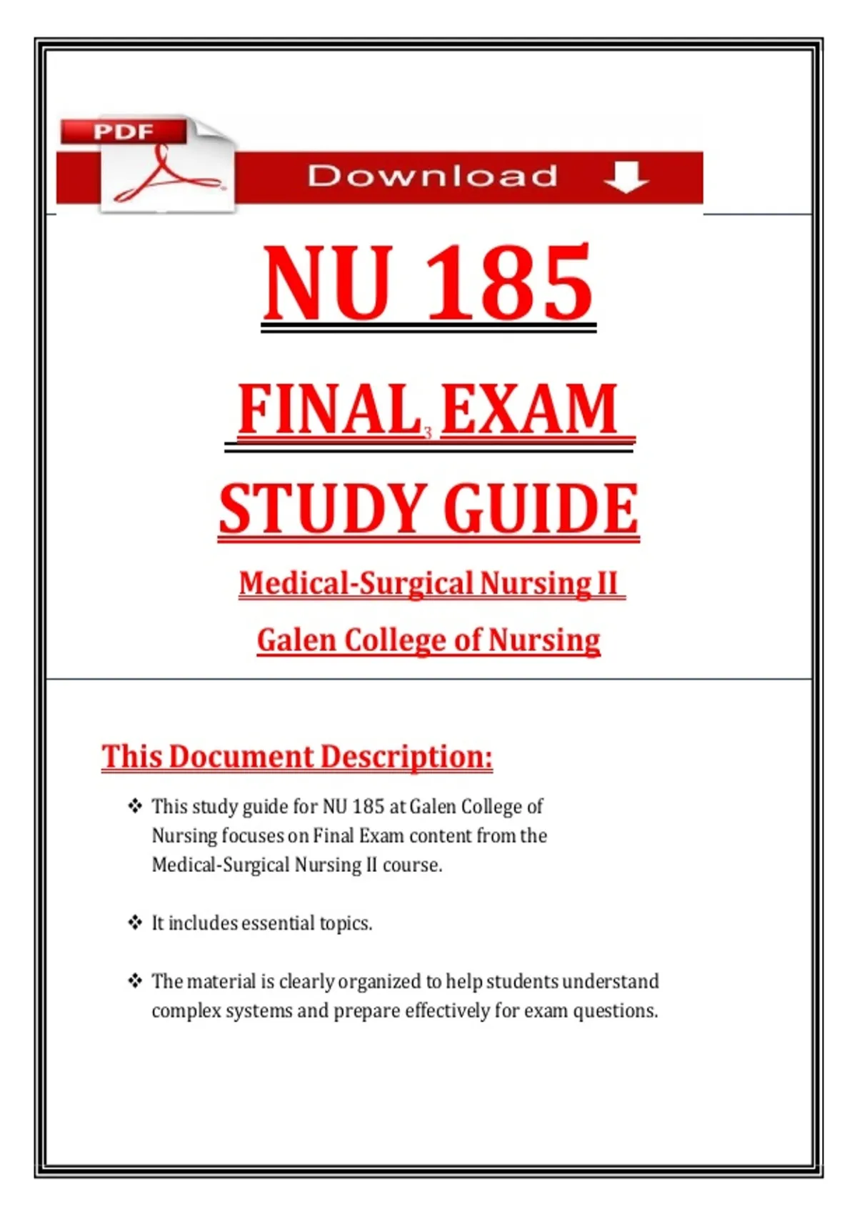 NU 185 Final Exam Study Guide | Medical-Surgical Nursing II | (2026 / ...