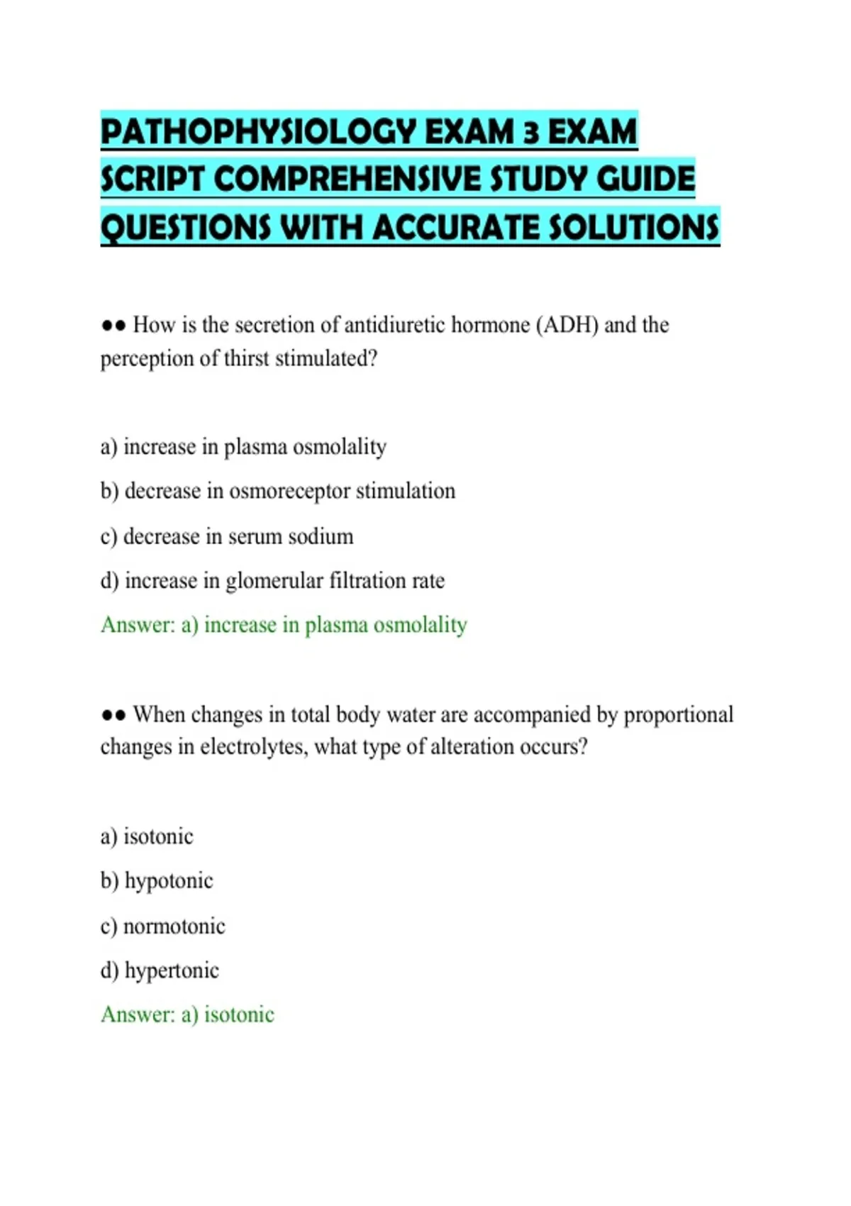 PATHOPHYSIOLOGY EXAM 3 EXAM SCRIPT COMPREHENSIVE STUDY GUIDE QUESTIONS ...