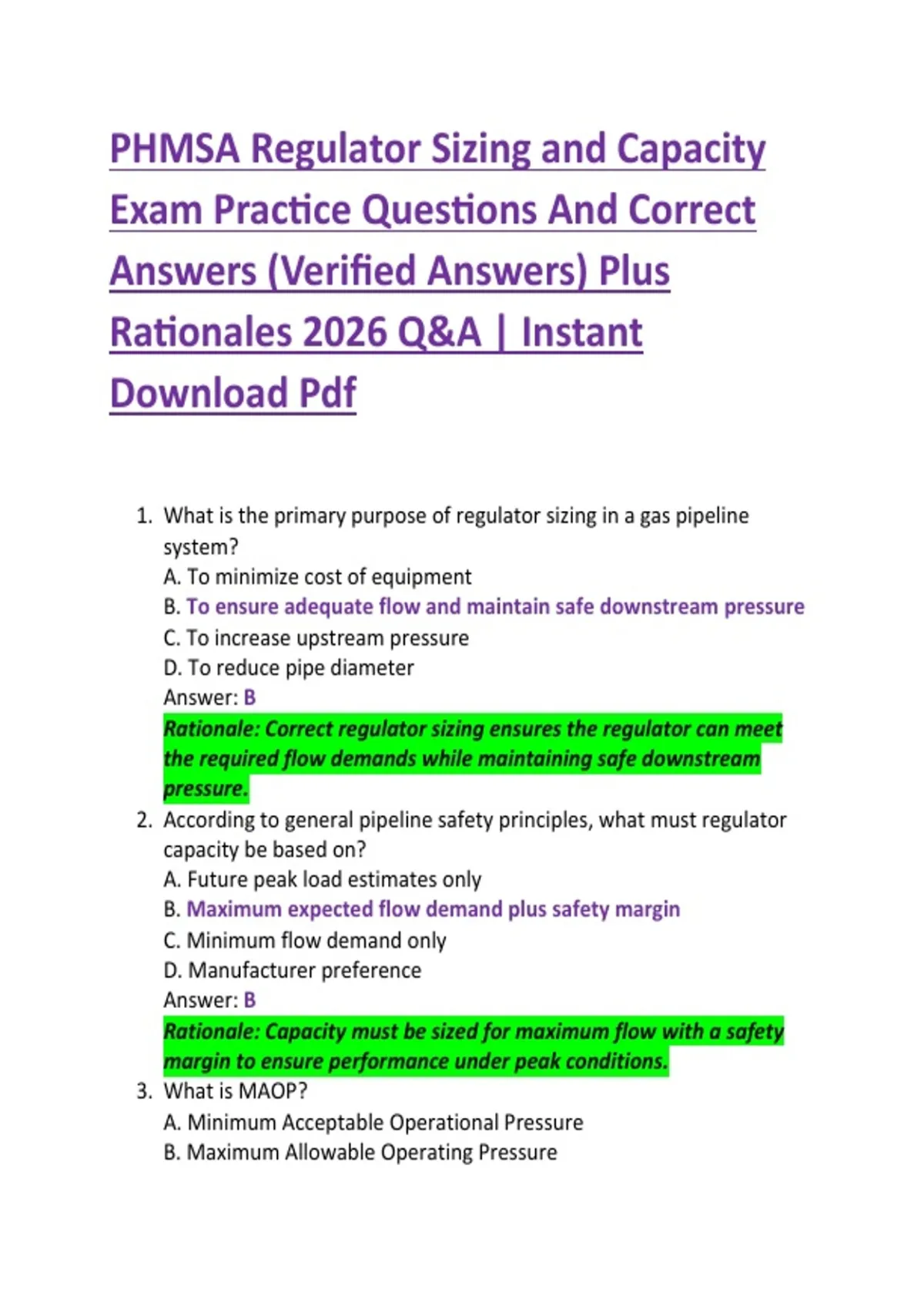PHMSA Regulator Sizing and Capacity Exam Practice Questions And Correct ...