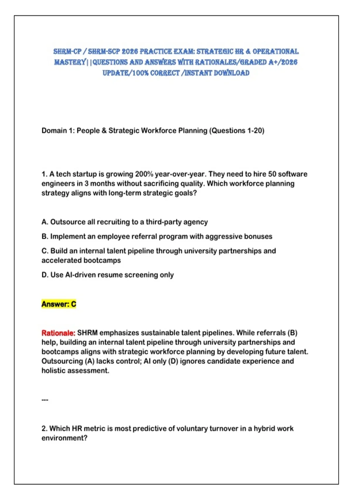 Scp Questions Sample SHRM-CP / SHRM-SCP 2026 PRaCtiCe exaM: StRategiC HR & OPeRatiOnal ...