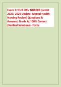 Exam 3&colon; NUR 208&sol; NUR208 &lpar;Latest &NewLine;2025&sol; 2026 Update&rpar; Mental Health &NewLine;Nursing Review&vert; Questions & &NewLine;Answers&vert; Grade A&vert; 100&percnt; Correct &NewLine;&lpar;Verified Solutions&rpar;- Fortis