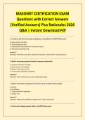 MASONRY CERTIFICATION EXAM Questions with Correct Answers &lpar;Verified Answers&rpar; Plus Rationales 2026 Q&A &vert; Instant Download Pdf