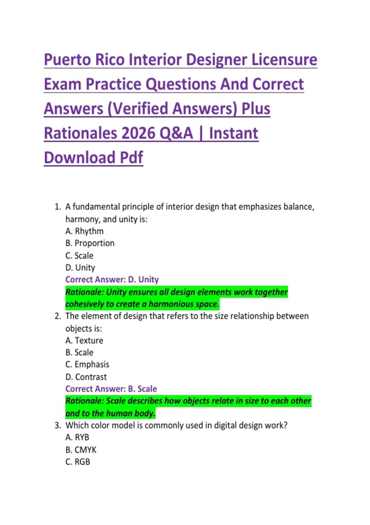 Puerto Rico Interior Designer Licensure Exam Practice Questions And ...