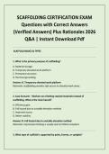 SCAFFOLDING CERTIFICATION EXAM Questions with Correct Answers &lpar;Verified Answers&rpar; Plus Rationales 2026 Q&A &vert; Instant Download Pdf