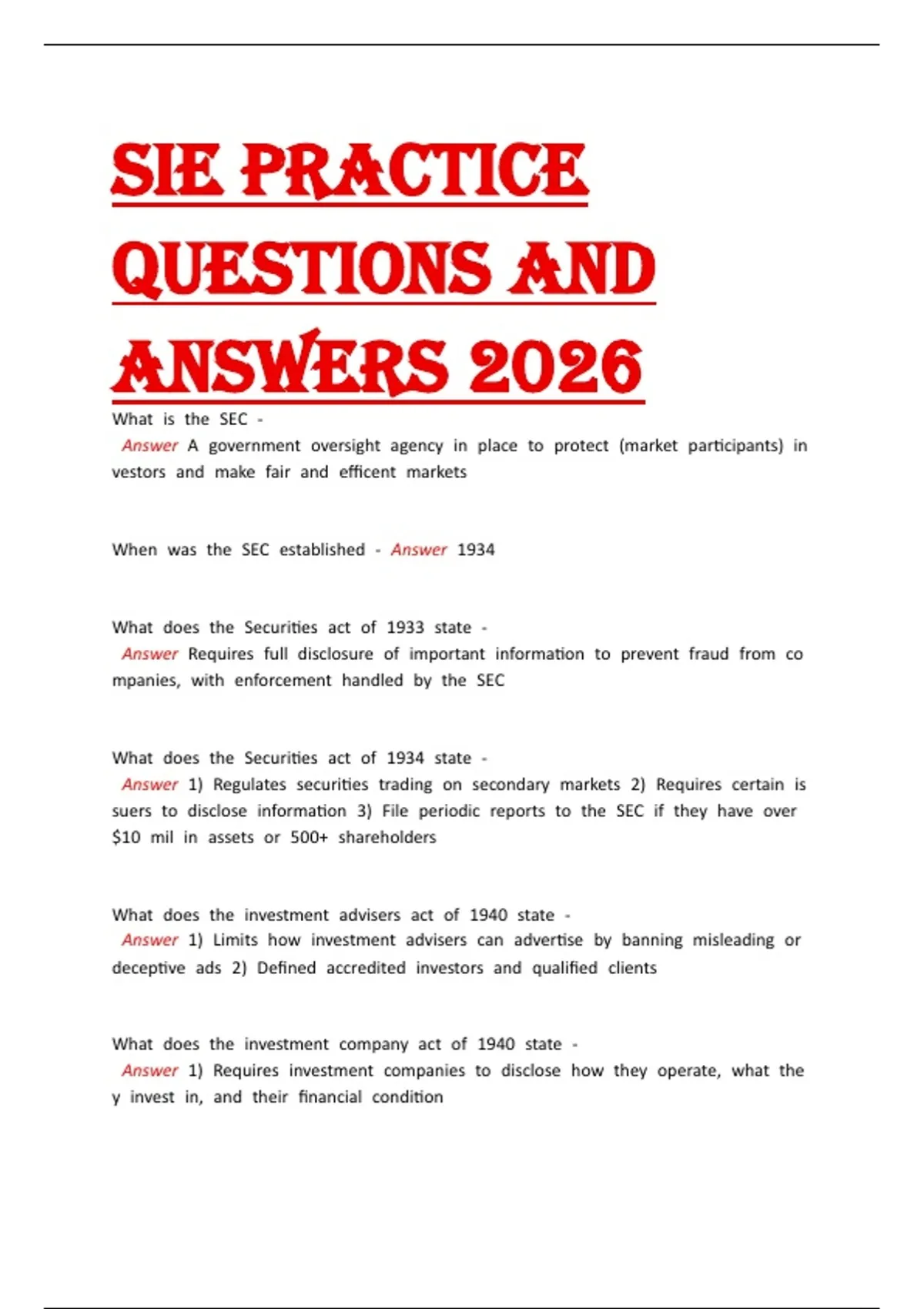 SIE PRACTICE Questions and Answers 2026 - Sie - Stuvia US