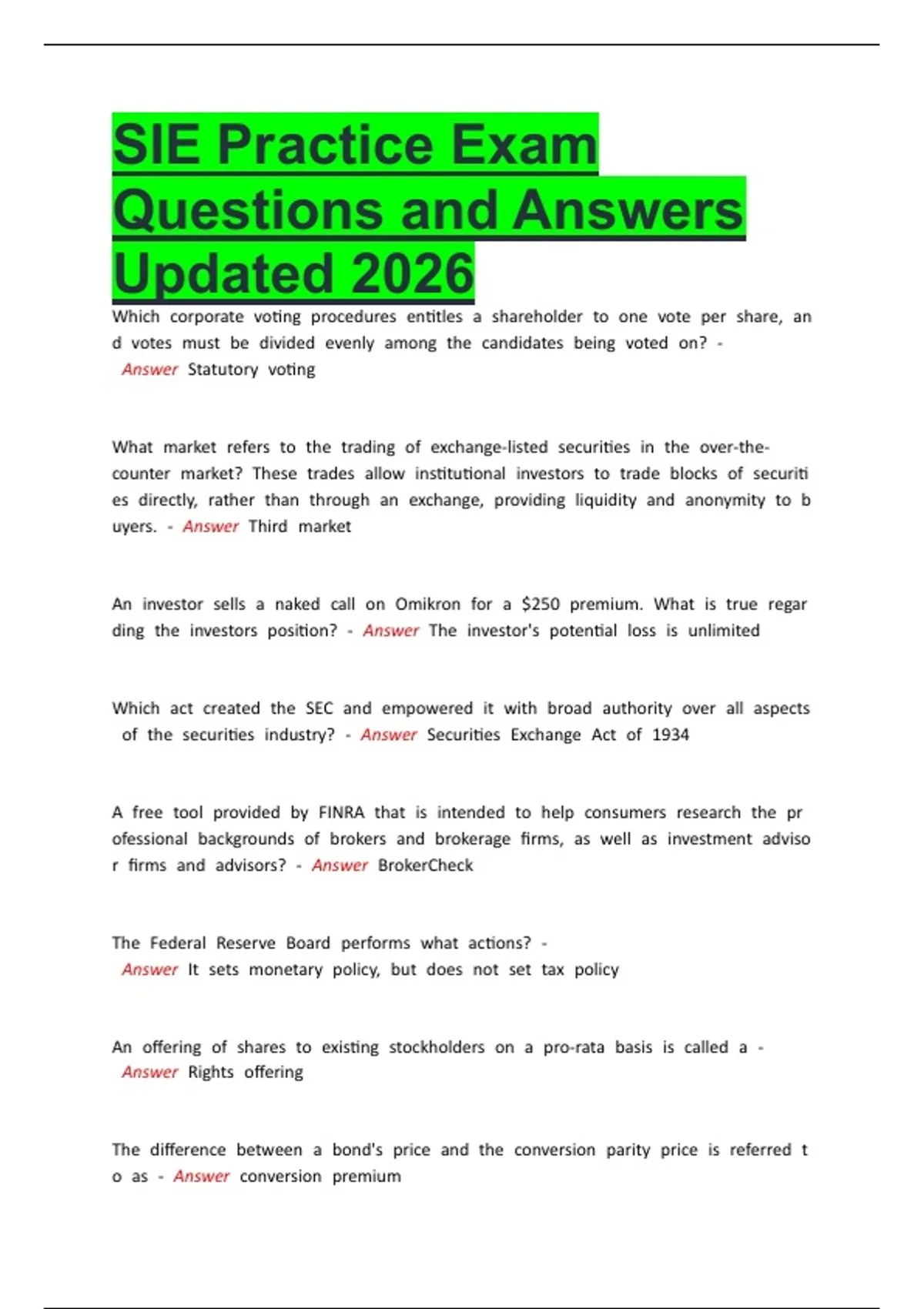 SIE Practice Exam Questions and Answers Updated 2026 - Sie - Stuvia US