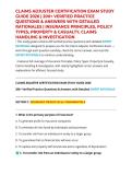 CLAIMS ADJUSTER CERTIFICATION EXAM STUDY GUIDE 2026 &vert; 200&plus; VERIFIED PRACTICE QUESTIONS & ANSWERS WITH DETAILED RATIONALES &vert; INSURANCE PRINCIPLES&comma; POLICY TYPES&comma; PROPERTY & CASUALTY&comma; CLAIMS HANDLING & INVESTIGATION