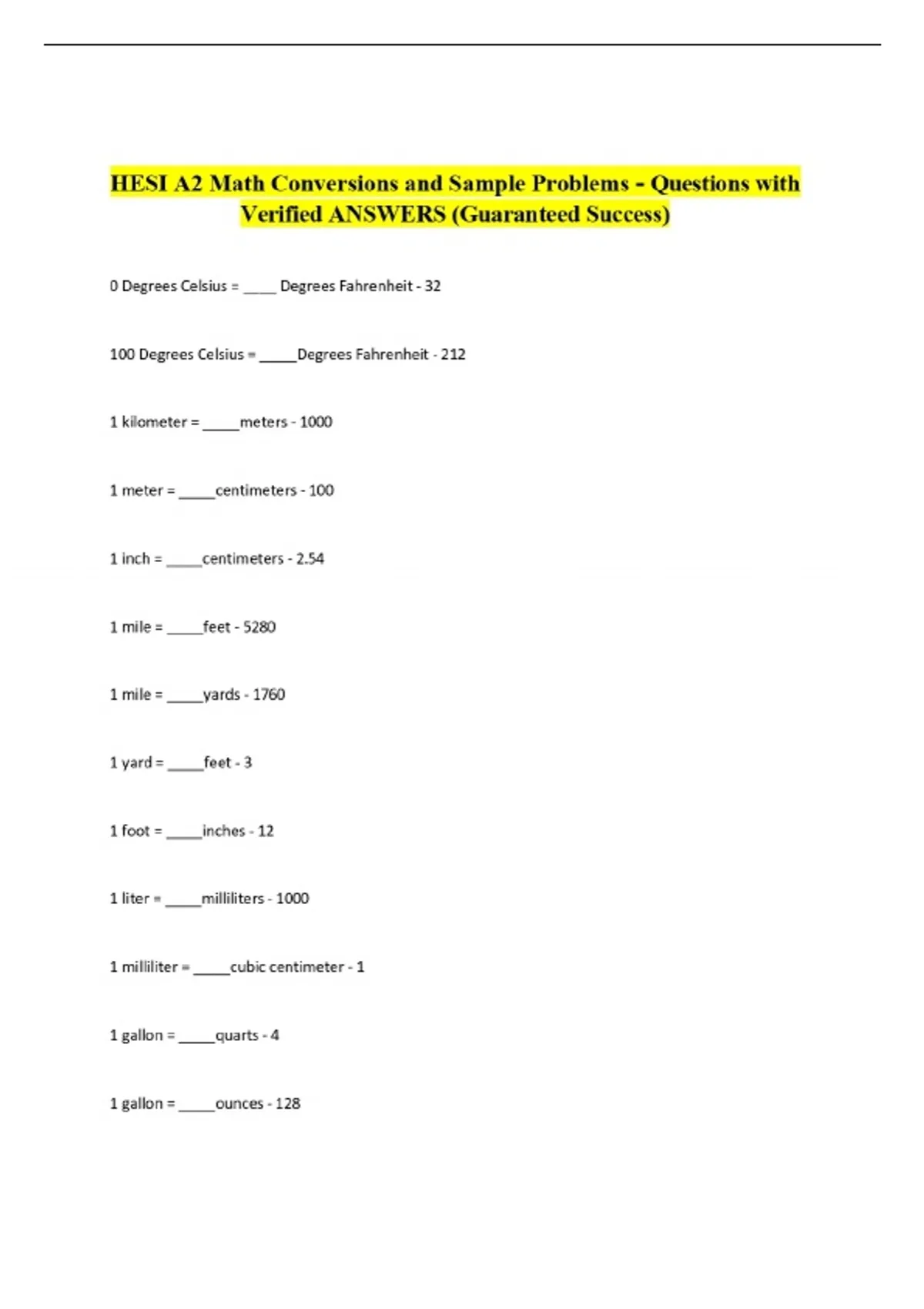 HESI A2 Math Conversions and Sample Problems - Questions with Verified ...