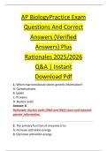 AP BiologyPractice Exam &NewLine;Questions And Correct &NewLine;Answers &lpar;Verified &NewLine;Answers&rpar; Plus &NewLine;Rationales 2025&sol;2026 &NewLine;Q&A &vert; Instant &NewLine;Download Pdf