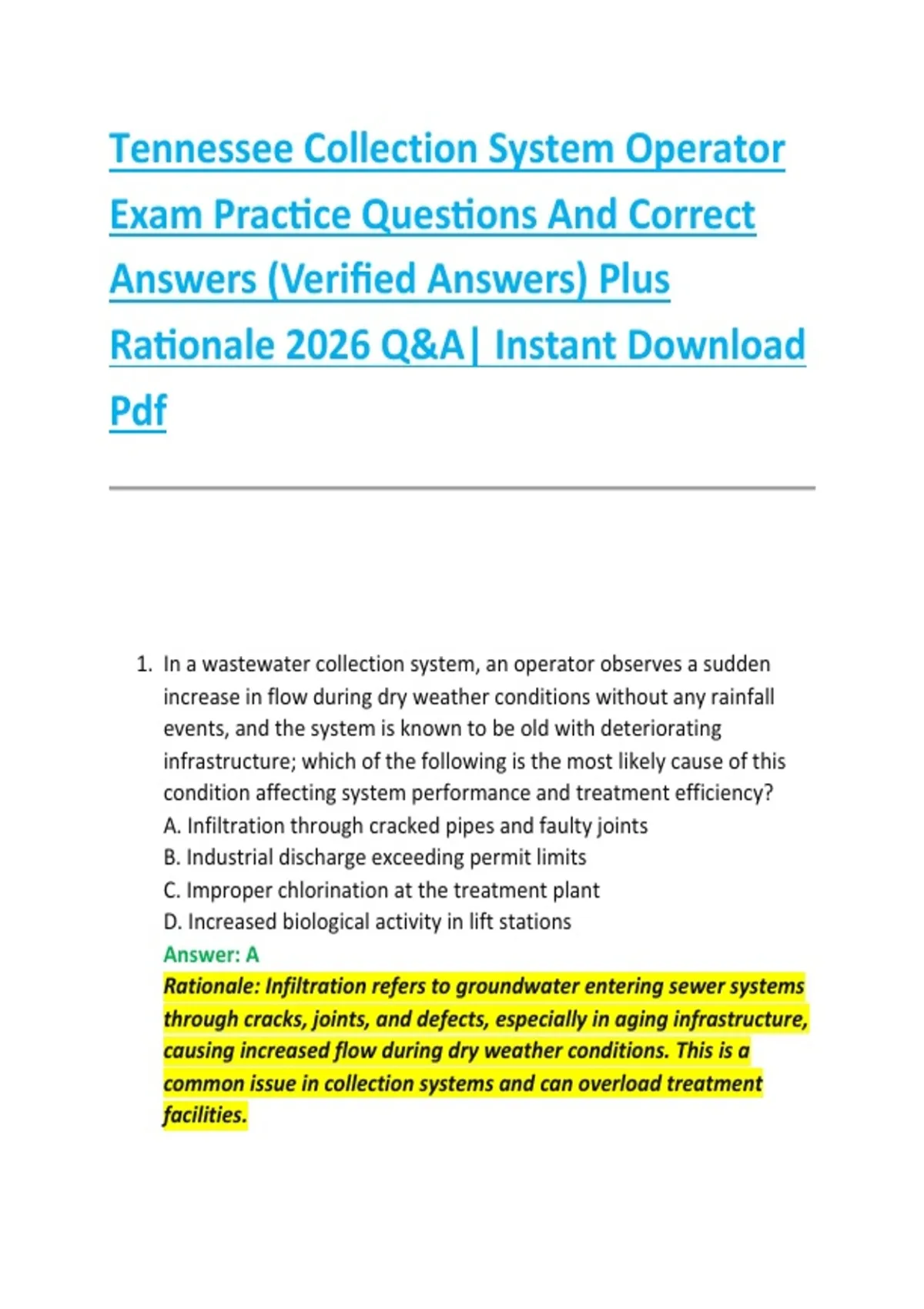 Collection System Operator Tennessee Collection System Operator Exam Practice Questions And ...
