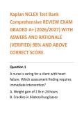 Kaplan NCLEX Test Bank&NewLine;Comprehensive REVIEW EXAM&NewLine;GRADED A&plus; &lpar;2026&sol;2027&rpar; WITH&NewLine;ASWERS AND RATIONALE&NewLine;&lpar;VERIFIED&rpar; 98&percnt; AND ABOVE&NewLine;CORRECT SCORE&period;&NewLine;Question 1&NewLine;A nurse is caring for a client with heart&NewLine;failure&period; Which assessment finding requires&NewLine;immediate int