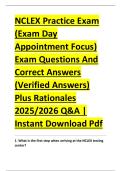 NCLEX Practice Exam &NewLine;&lpar;Exam Day &NewLine;Appointment Focus&rpar; &NewLine;Exam Questions And &NewLine;Correct Answers &NewLine;&lpar;Verified Answers&rpar; &NewLine;Plus Rationales &NewLine;2025&sol;2026 Q&A &vert; &NewLine;Instant Download Pdf 