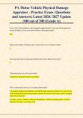 PA Motor Vehicle Physical Damage &NewLine;Appraiser - Practice Exam &vert; Questions &NewLine;and Answers&vert; Latest 2026&sol; 2027 Update &NewLine; &vert;100 out of 100 &lpar;Grade A&rpar;
