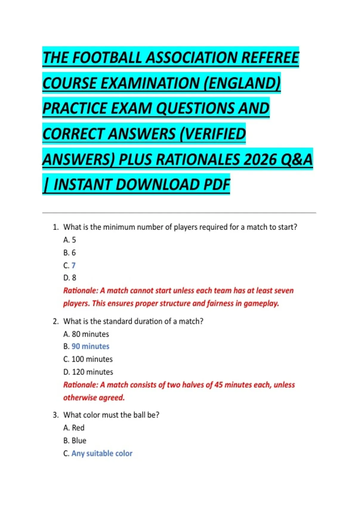 THE FOOTBALL ASSOCIATION REFEREE COURSE EXAMINATION (ENGLAND) PRACTICE ...