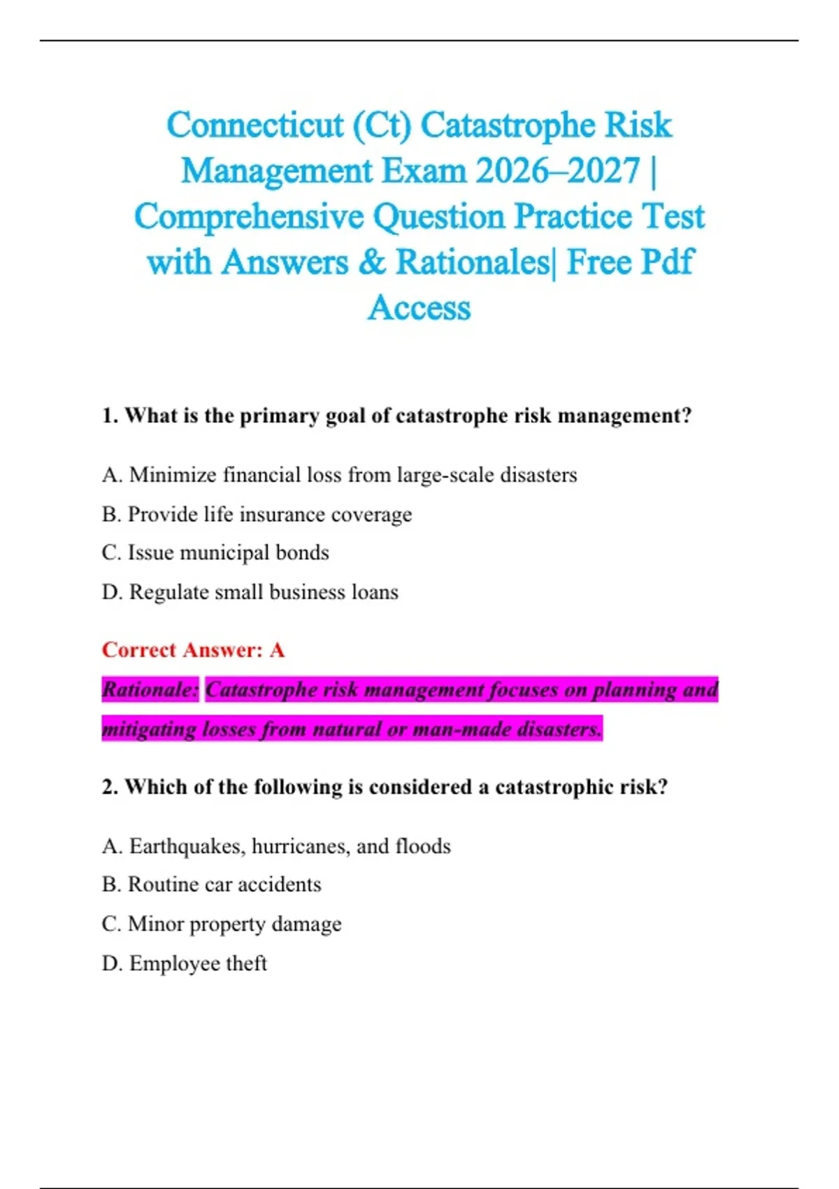 Ct Risk Management Connecticut (Ct) Catastrophe Risk Management Exam 2026–2027 ...