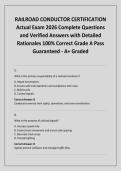 RAILROAD CONDUCTOR CERTIFICATION Actual Exam 2026 Complete Questions and Verified Answers with Detailed Rationales 100&percnt; Correct Grade A Pass Guaranteed - A&plus; Graded