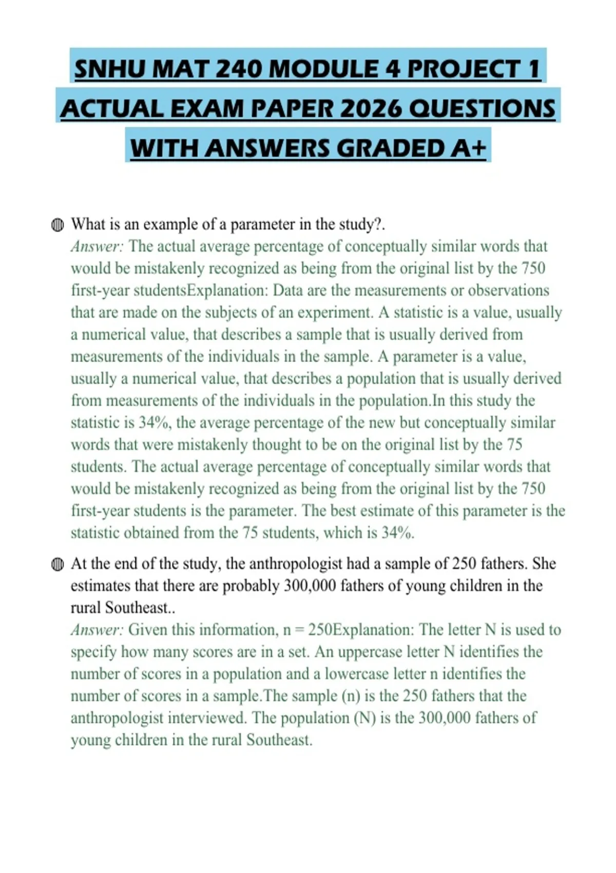 SNHU MAT 240 MODULE 4 PROJECT 1 ACTUAL EXAM PAPER 2026 QUESTIONS WITH ...