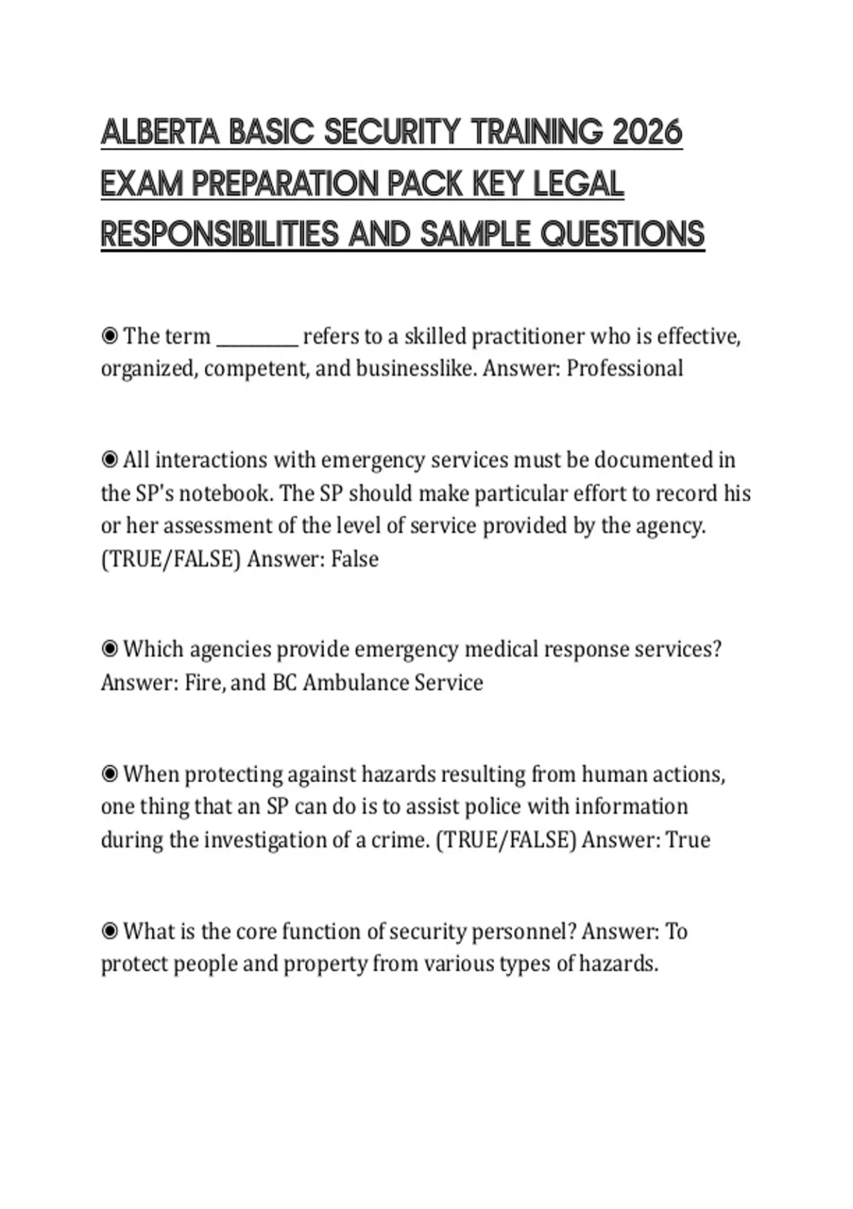 ALBERTA BASIC SECURITY TRAINING 2026 EXAM PREPARATION PACK KEY LEGAL ...