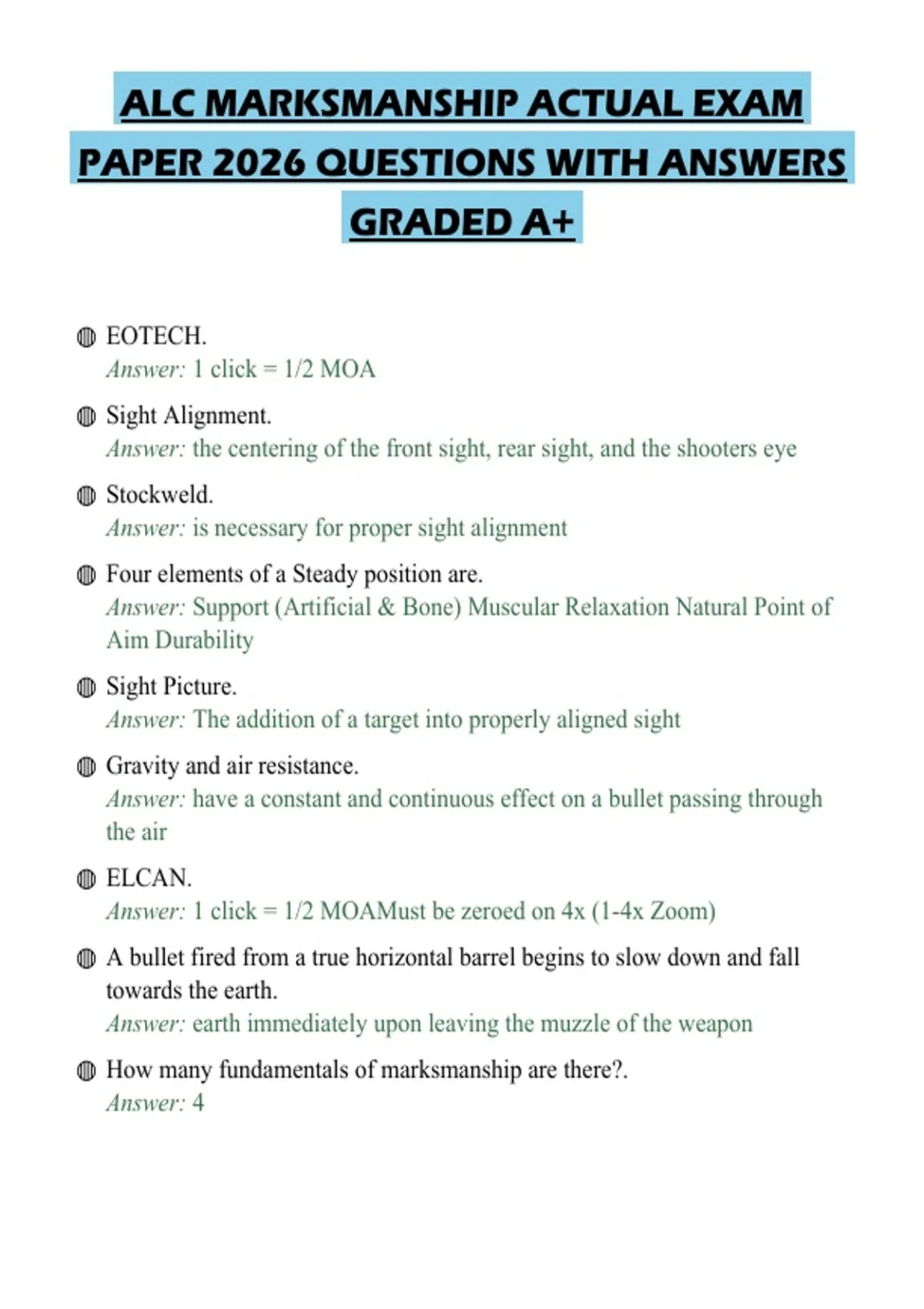 ALC MARKSMANSHIP ACTUAL EXAM PAPER 2026 QUESTIONS WITH ANSWERS GRADED ...