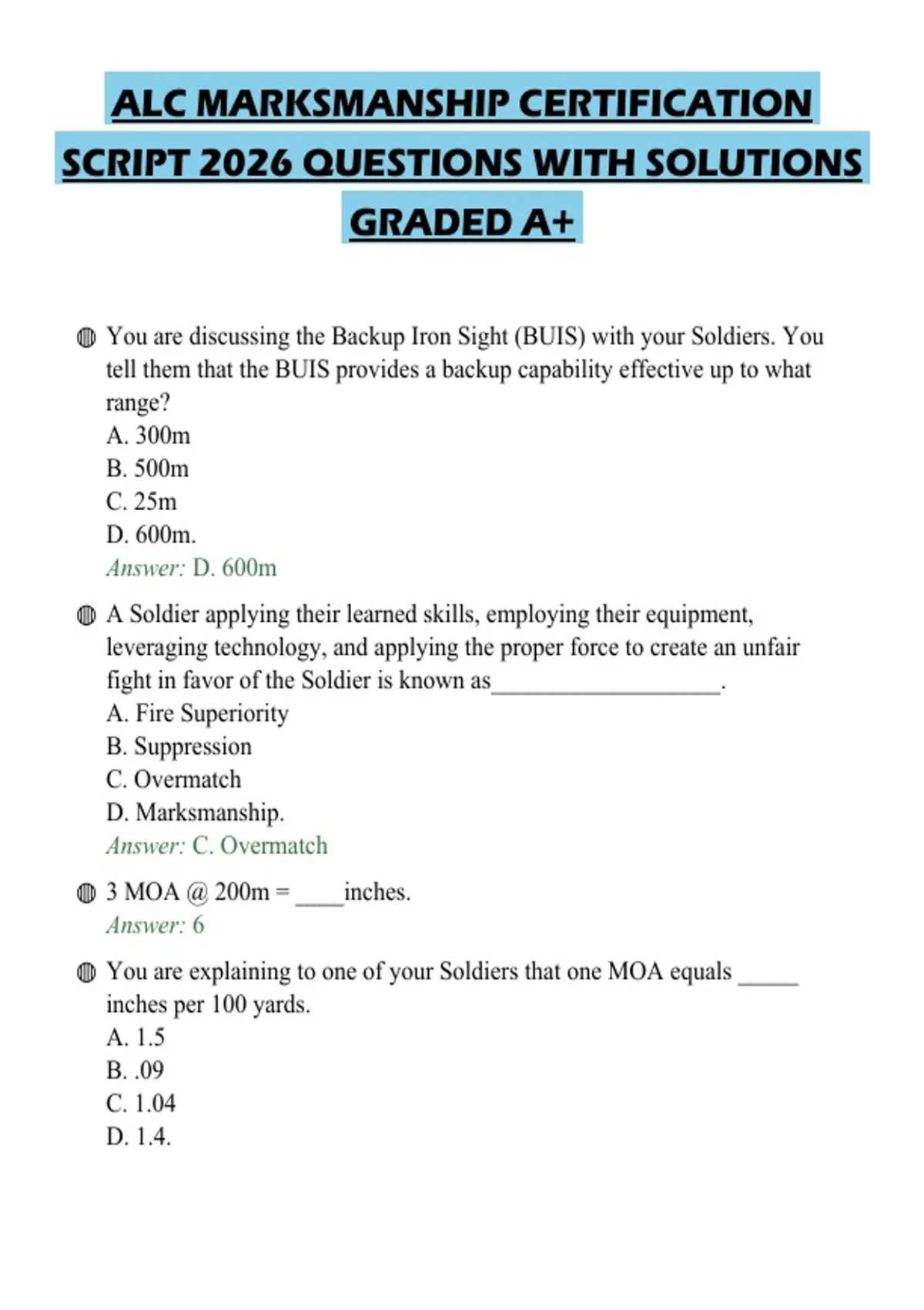 ALC MARKSMANSHIP CERTIFICATION SCRIPT 2026 QUESTIONS WITH SOLUTIONS ...