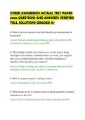 CYBER AWARENESS ACTUAL TEST PAPER&NewLine;2026 QUESTIONS AND ANSWERS VERIFIED&NewLine;FULL SOLUTIONS GRADED A&plus;
