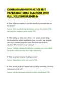 CYBER AWARENESS PRACTICE TEST&NewLine;PAPER 2026 TESTED QUESTIONS WITH&NewLine;FULL SOLUTION GRADED A&plus;