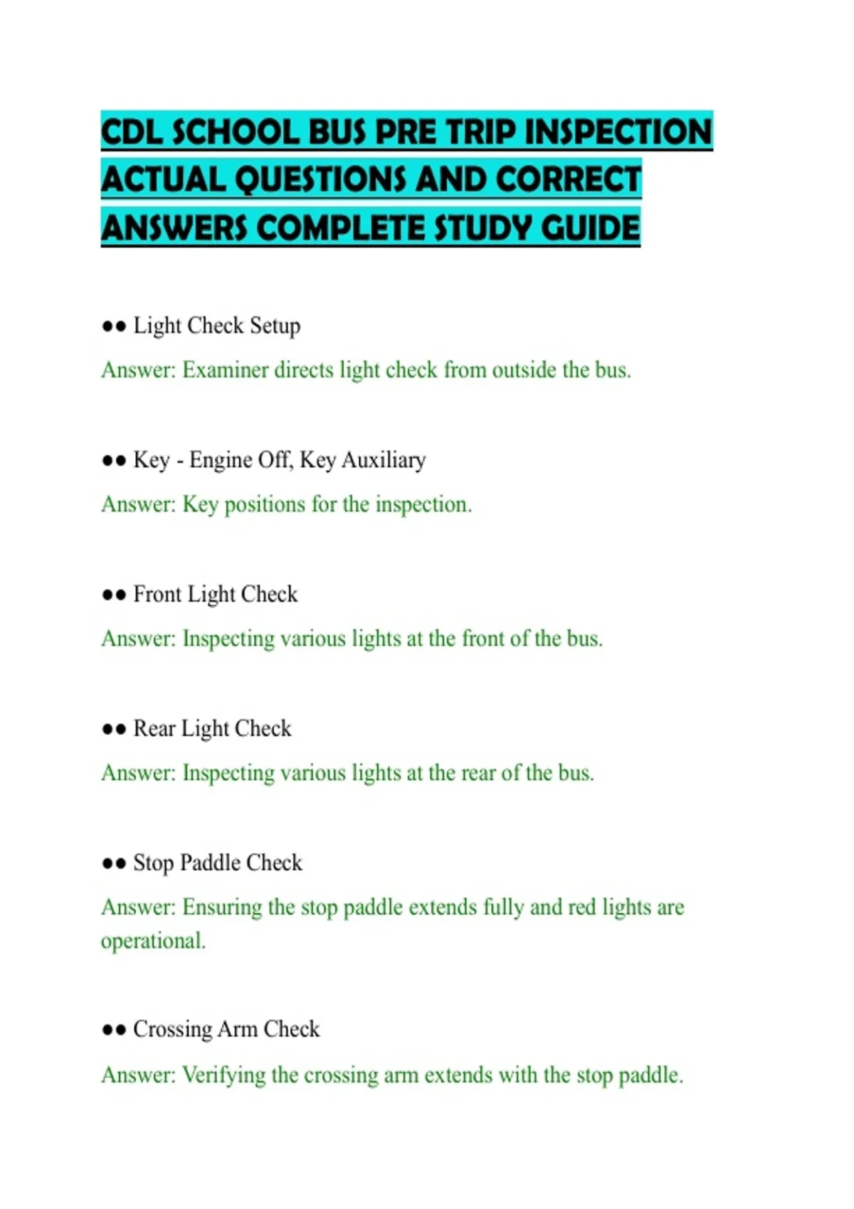 Questioning Bus CDL SCHOOL BUS PRE TRIP INSPECTION ACTUAL QUESTIONS AND CORRECT ANSWERS ...