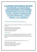 CALIFORNIA HOUSEHOLD MOVERS&rsquo; &NewLine;EXAM BANK ACCURATE REAL &NewLine;EXAM QUESTIONS AND ANSWERS &NewLine;WITH RATIONALES AND A STUDY &NewLine;GUIDE &vert; EXPERT VERIFIED FOR &NewLine;GUARANTEED PASS &vert; LATEST &NewLine;UPDATE &vert; ALL VERSIONS