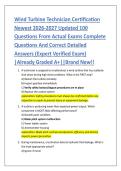 Wind Turbine Technician Certification&NewLine; &NewLine;Newest 2026-2027 Updated 100 &NewLine;Questions From Actual Exams Complete &NewLine;Questions And Correct Detailed &NewLine;Answers &lpar;Expert Verified Exam&rpar; &NewLine;&vert;Already Graded A&plus;&vert;&vert;Brand New&excl;&excl; 