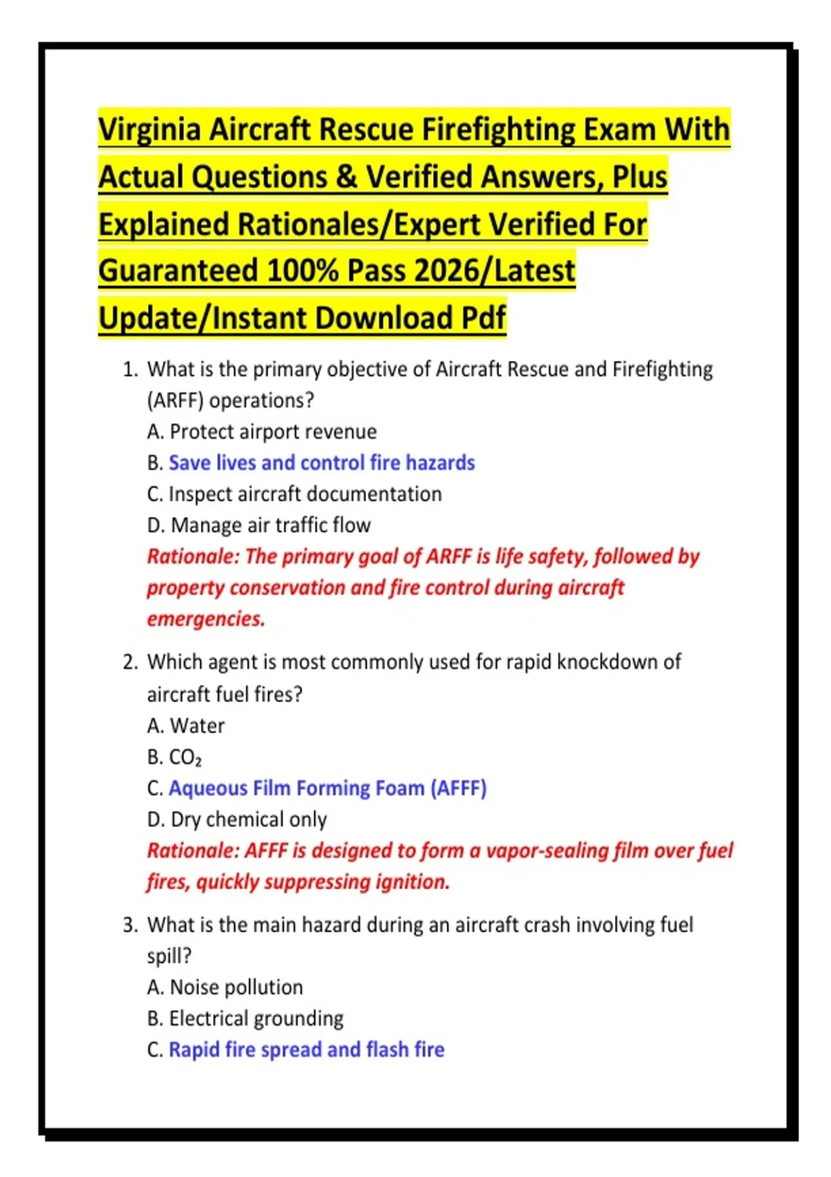 Virginia Aircraft Rescue Firefighting Exam With Actual Questions ...