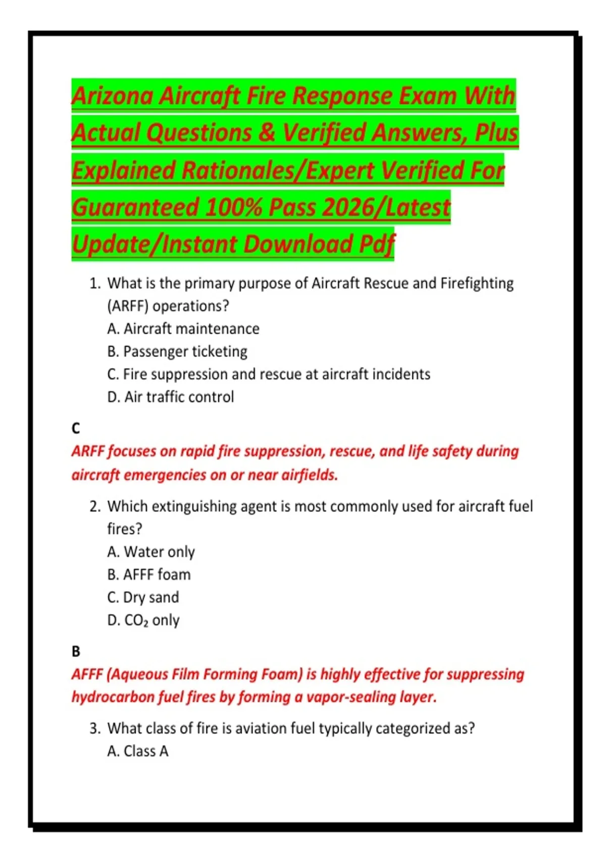 Arizona Aircraft Fire Response Exam With Actual Questions & Verified ...
