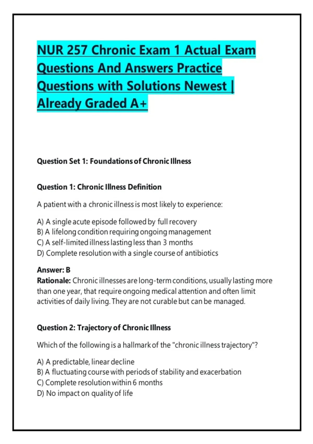 Solution 257 NUR 257 Chronic Exam 1 Actual Exam Questions And Answers Practice ...