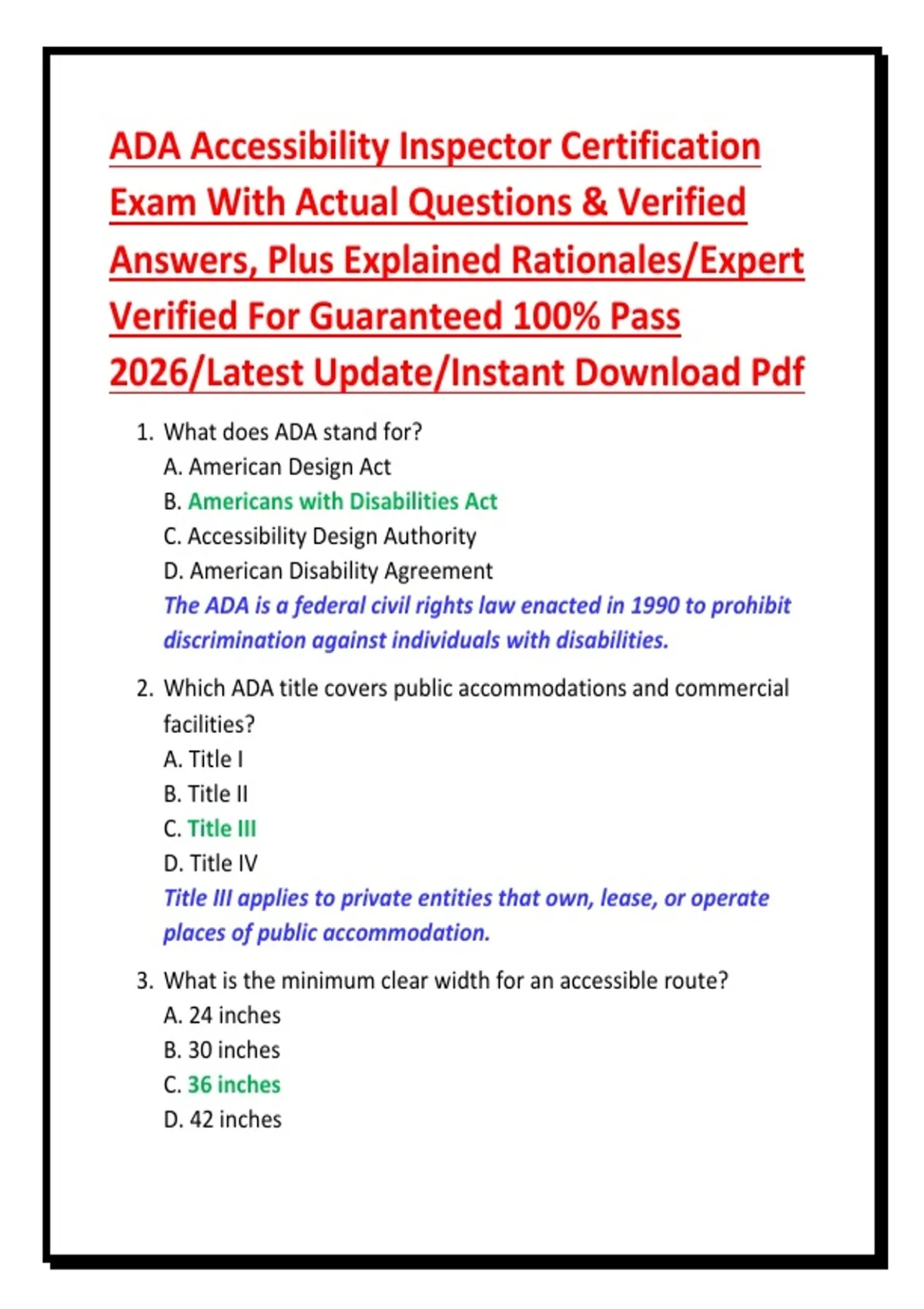 ADA Accessibility Inspector Certification Exam With Actual Questions ...