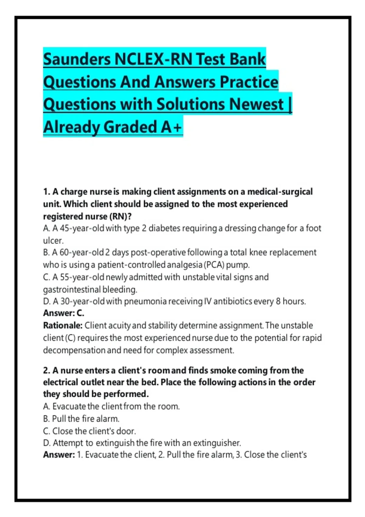 Saunders Sample Question Saunders NCLEX-RN Test Bank Questions And Answers Practice Questions ...