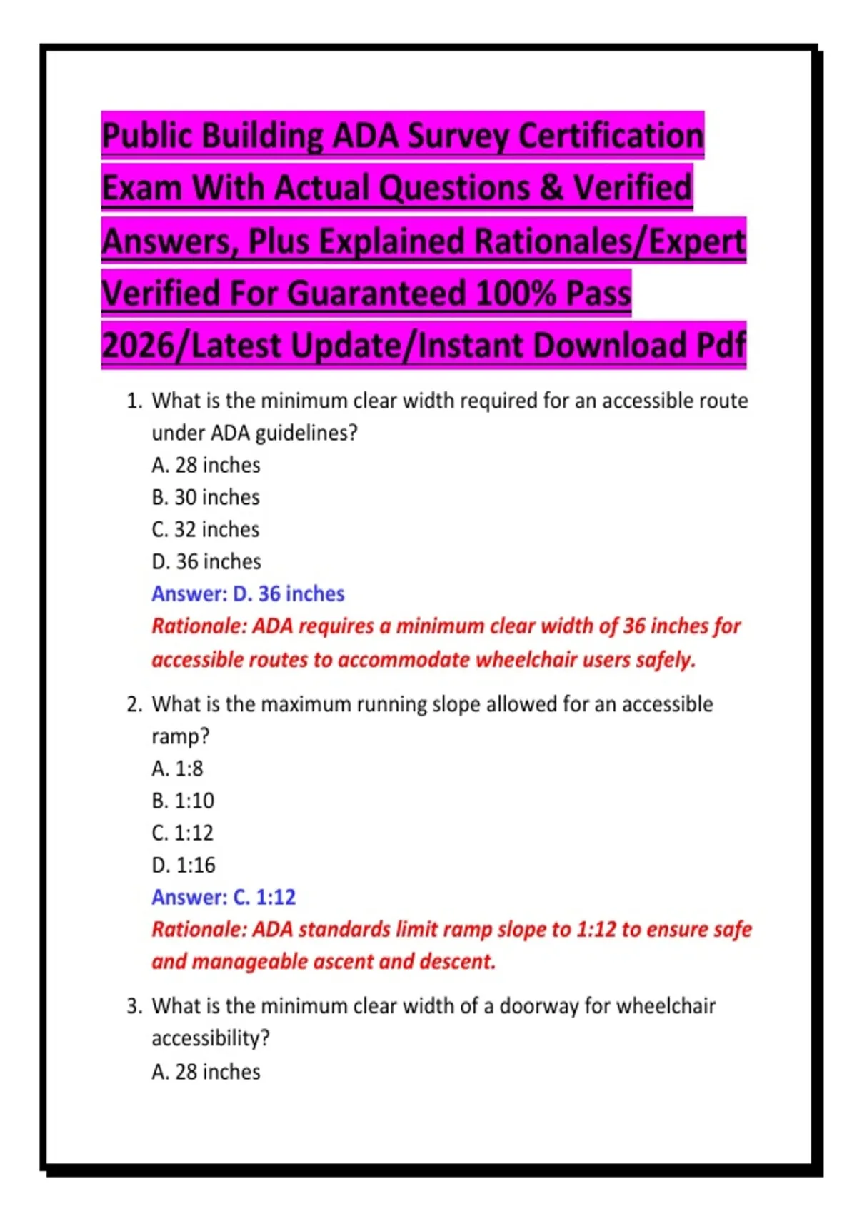 Public Building ADA Survey Certification Exam With Actual Questions ...