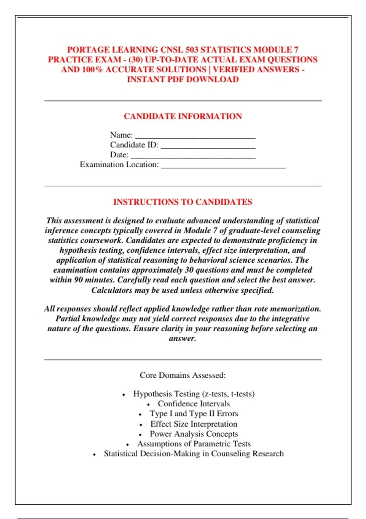 PORTAGE LEARNING CNSL 503 STATISTICS MODULE 7 PRACTICE EXAM - (30) UP ...