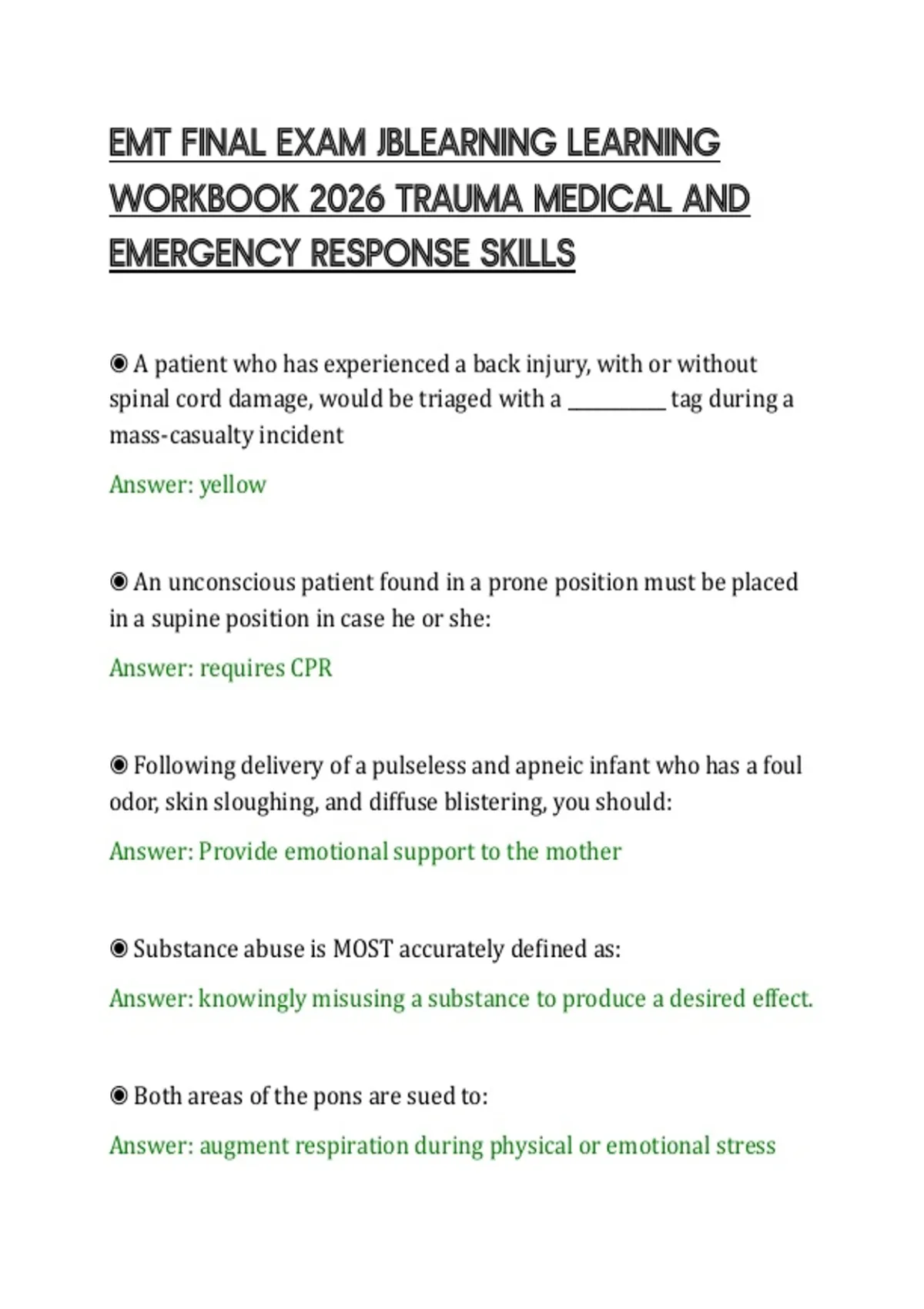 EMT FINAL EXAM JBLEARNING LEARNING WORKBOOK 2026 TRAUMA MEDICAL AND ...