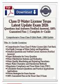 Texas Class D Water License Exam 2026&sol;2027 &ndash; Complete Study Guide & Test Bank &vert; 300&plus; Practice Questions with Verified Answers &vert; TCEQ Class D Water Operator Certification